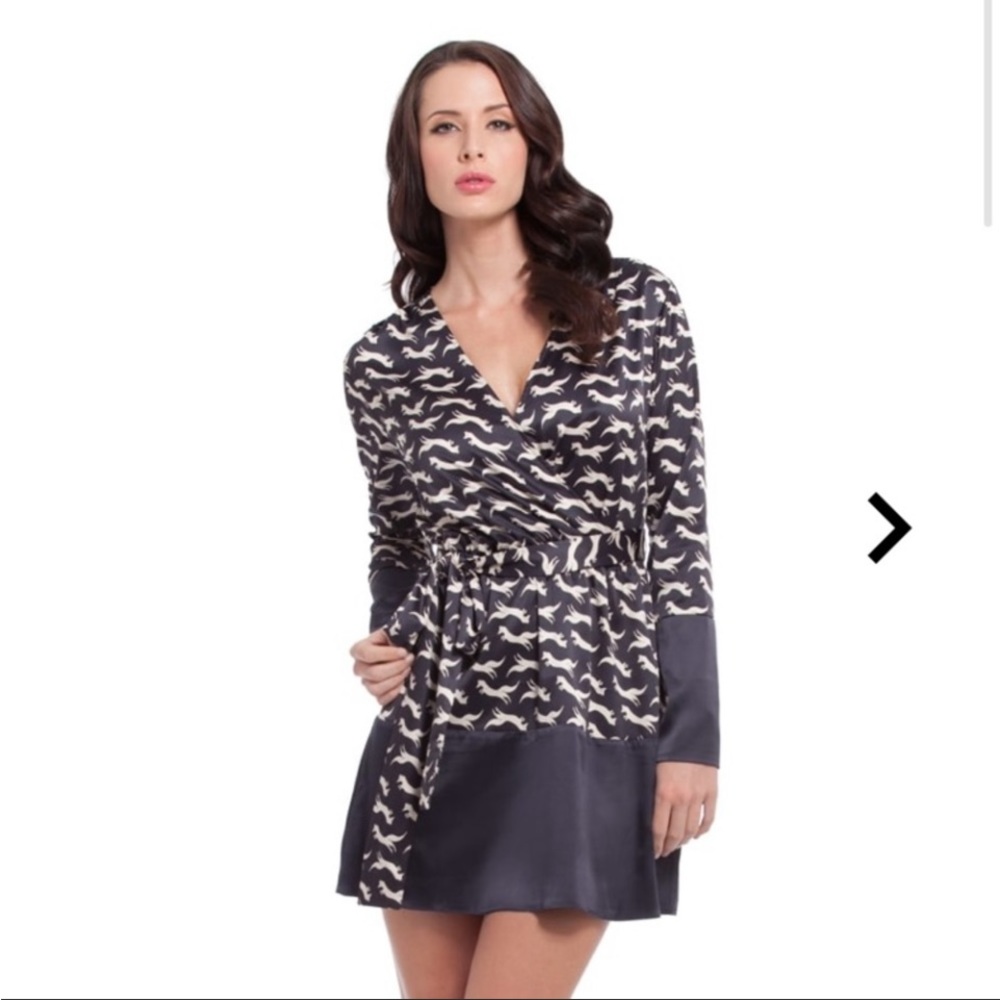 Guess Marciano Wrap Dress Fox Print Mini Silk Blend Long Sleeve Dress